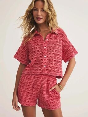 Z Supply Monaco Button Up Red Hot Crochet Blouse Size Medium